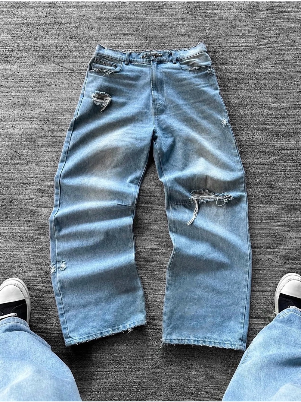 Tamed Psychotic Relaxed Baggy Fit 100% Cotton Light Blue Distressed Men’s Jeans